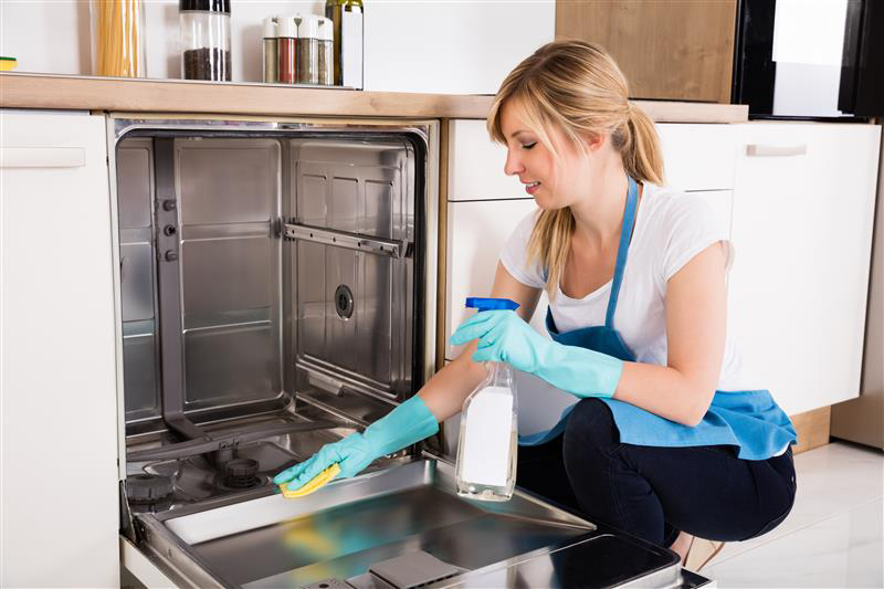 Woman kneeling down to clean the inside of her dishwasher.