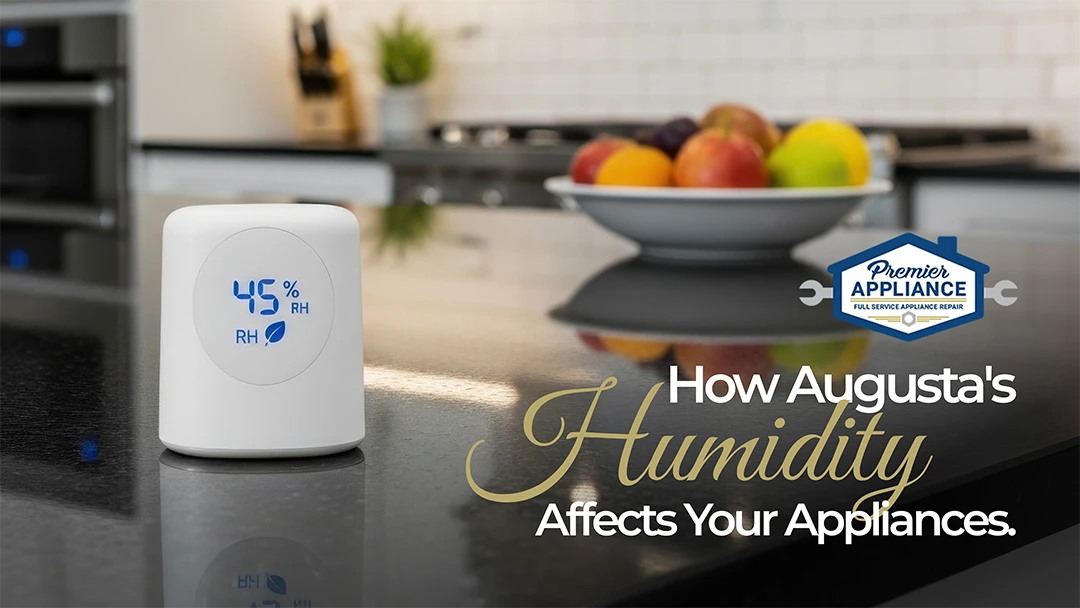 Humidity & Appliances – Premier Appliance A hygrometer (used to control humidity) on a kitchen counter with fruit and other appliances in the background. Image contains the Premier Appliance logo and blog title.